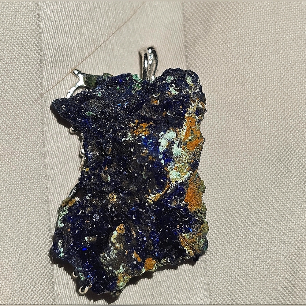 Azurite & Malachite Pendant, 7.4 g, 2.5cm, Leaf Design Silver Tone Backing, NWT
